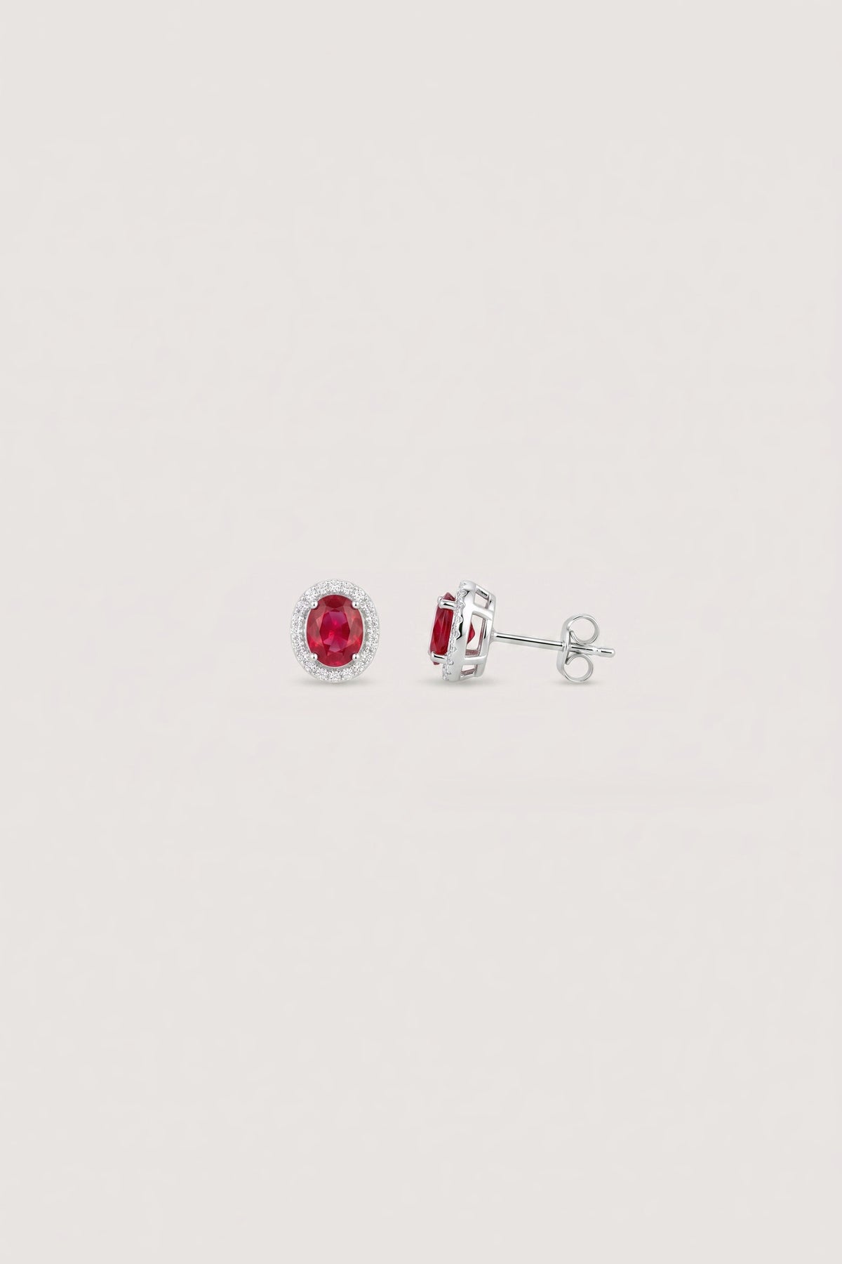 Oval Ruby and Diamond Halo Stud Earrings detail