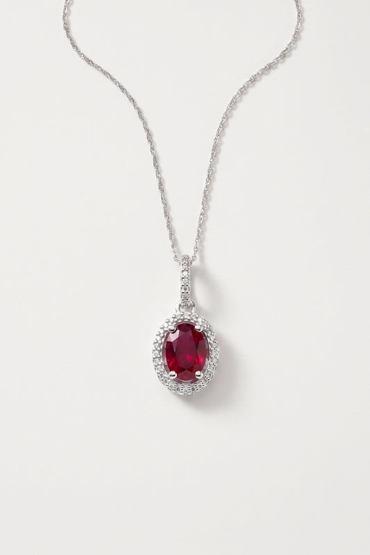 Oval Ruby and Diamond Halo Pendant Necklace