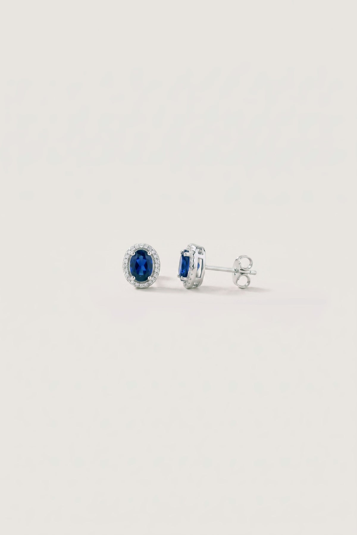 Oval Sapphire and Diamond Halo Stud Earrings detail
