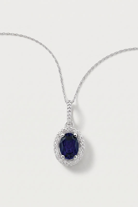 Oval Sapphire and Diamond Halo Pendant Necklace