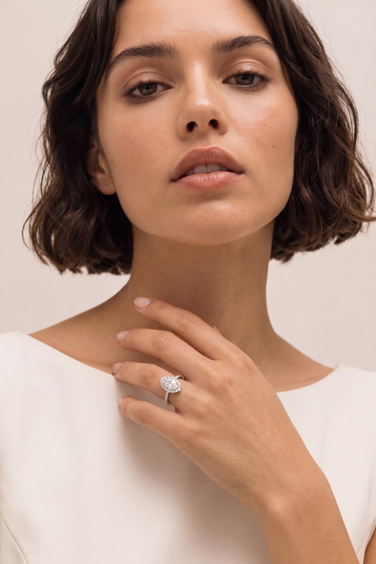 Elongated Oval Halo Pavé Ring on model