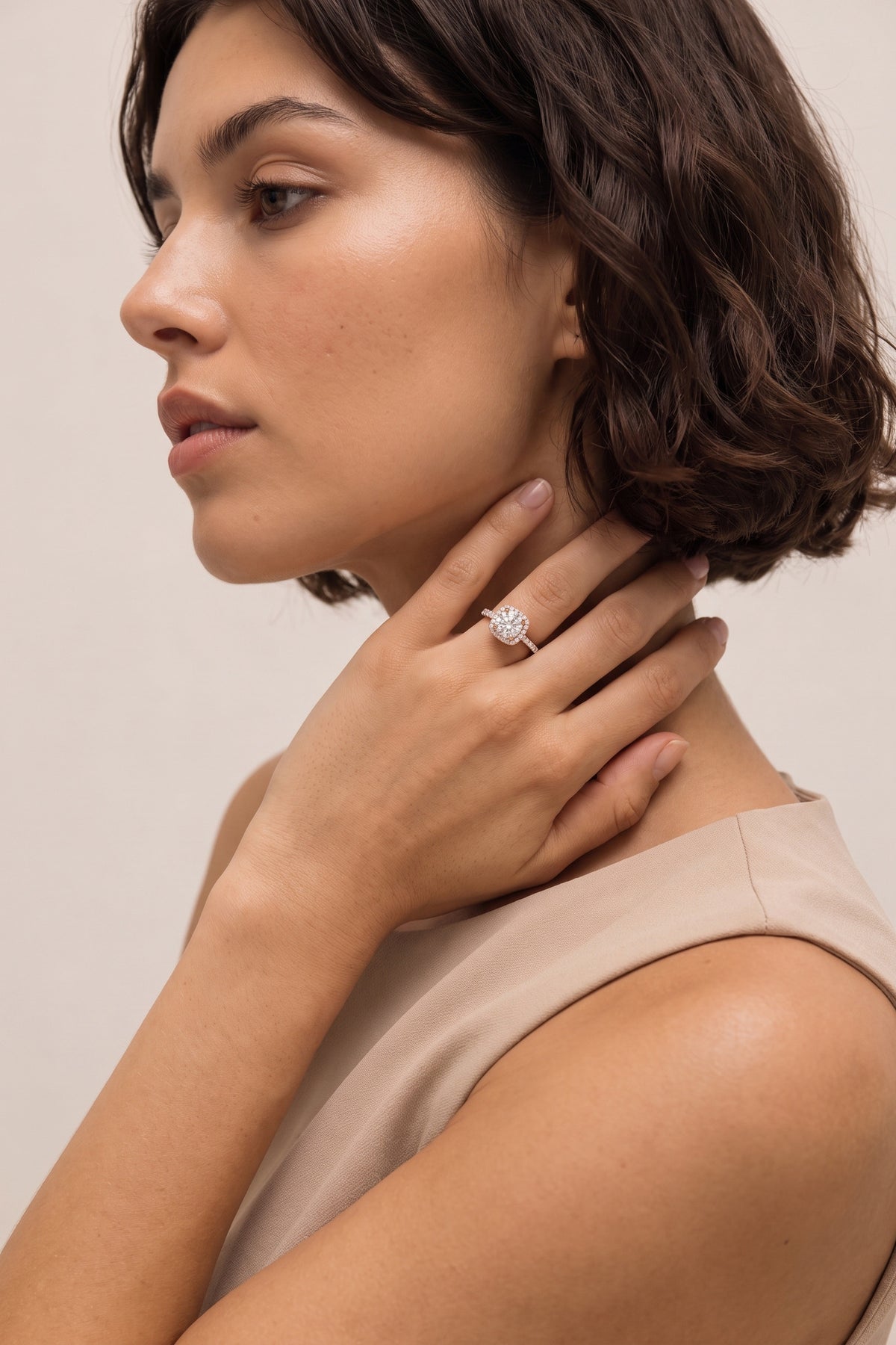 Round Cushion Halo Pavé Ring on model